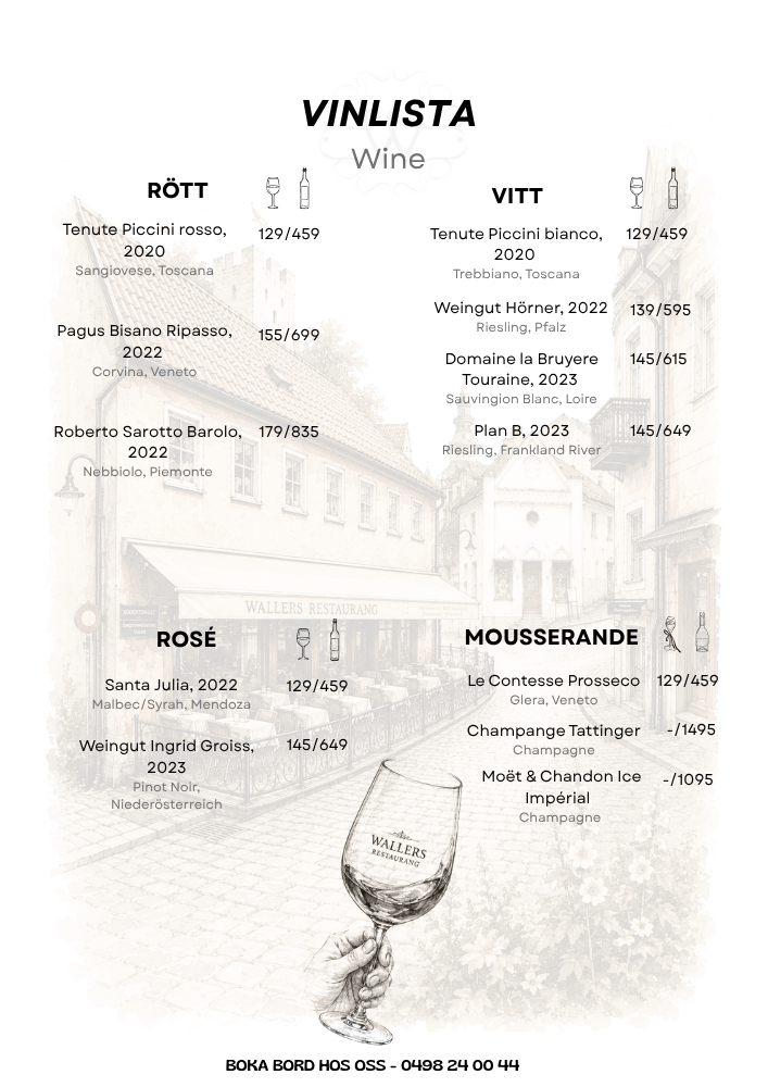 Vinlista – noga utvalda röda, vita, rosé och mousserande viner