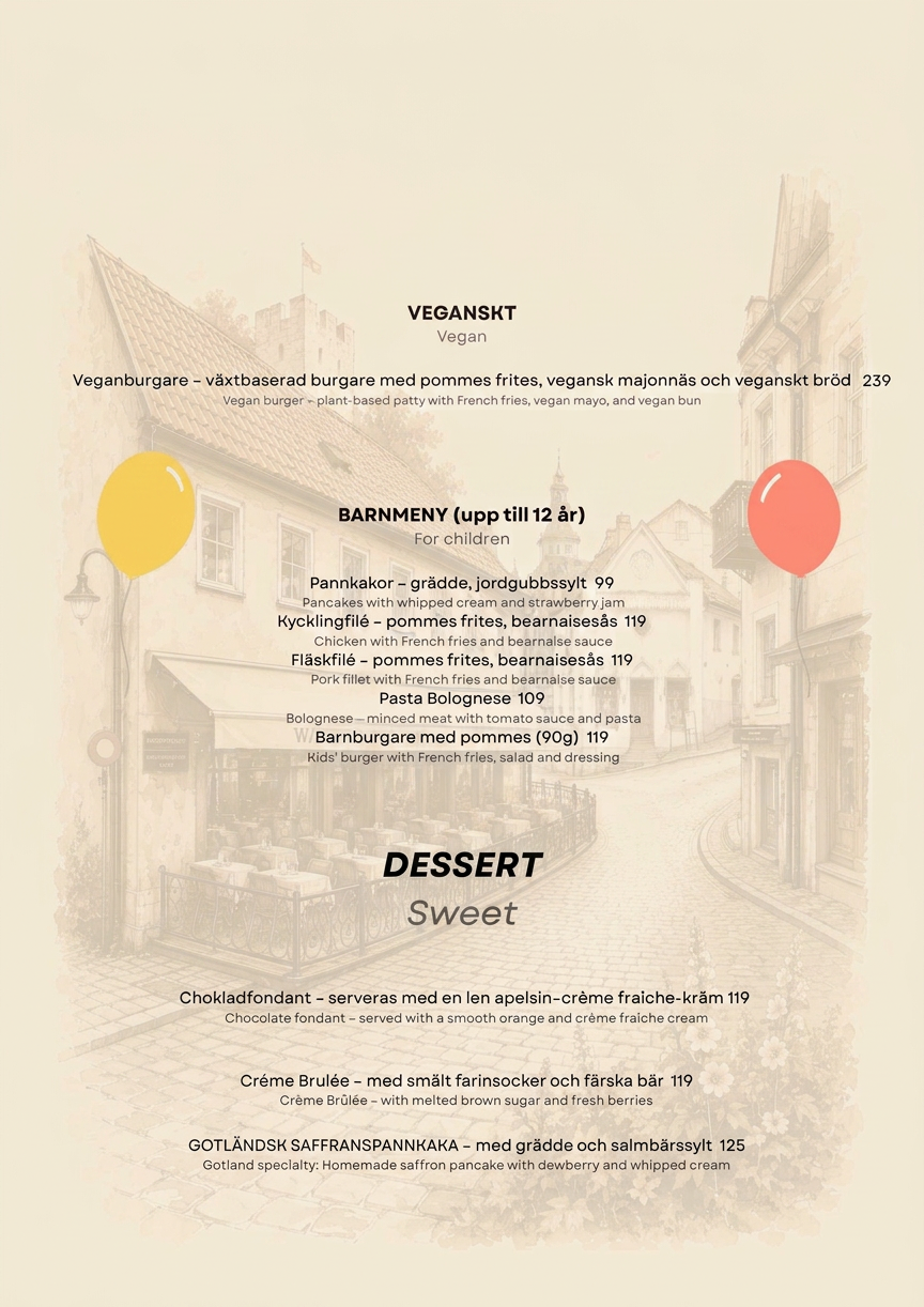 Veganska rätter, barnmeny och desserter på Wallers Restaurang